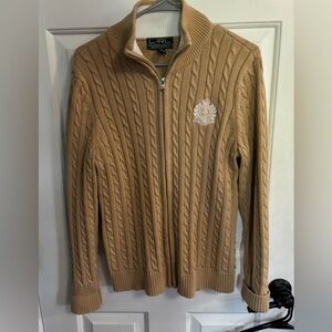 Ralph Lauren Women’s Camel Cable-Knit Full Zip Sweater with Crest